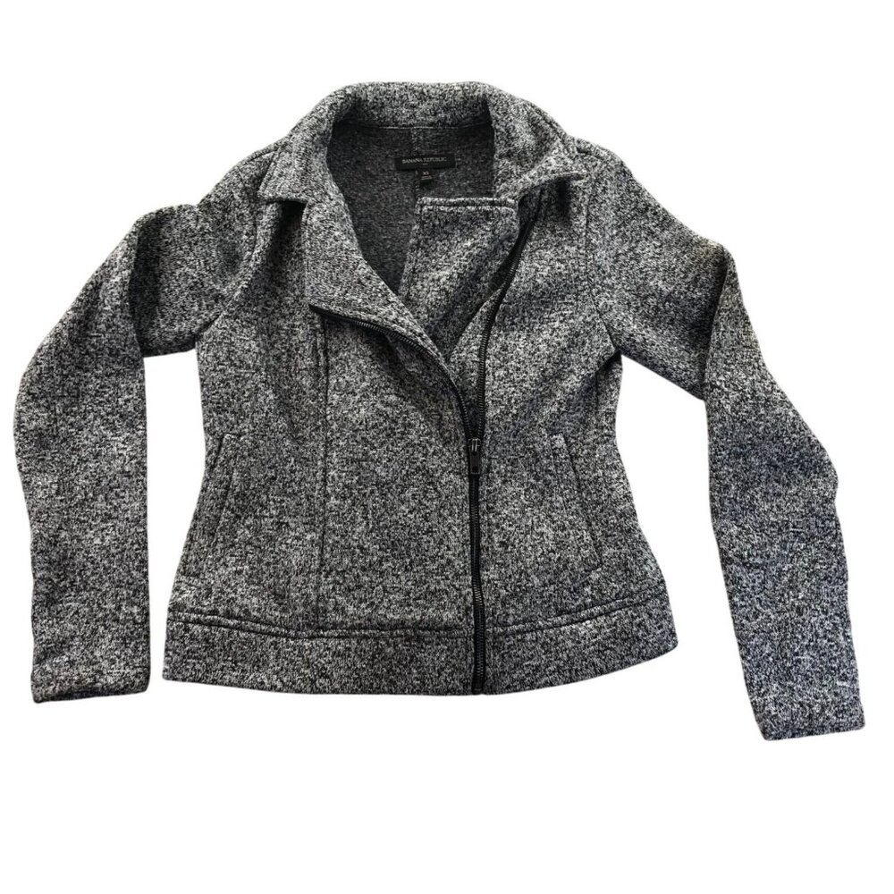 Banana Republic Womens Moto Jacket XS Gray Knit Textured Zip Up Classic Preppy